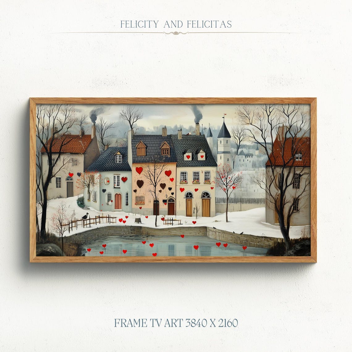 Red Snowy Village Pond with Floating Hearts Frame TV Art Poster
