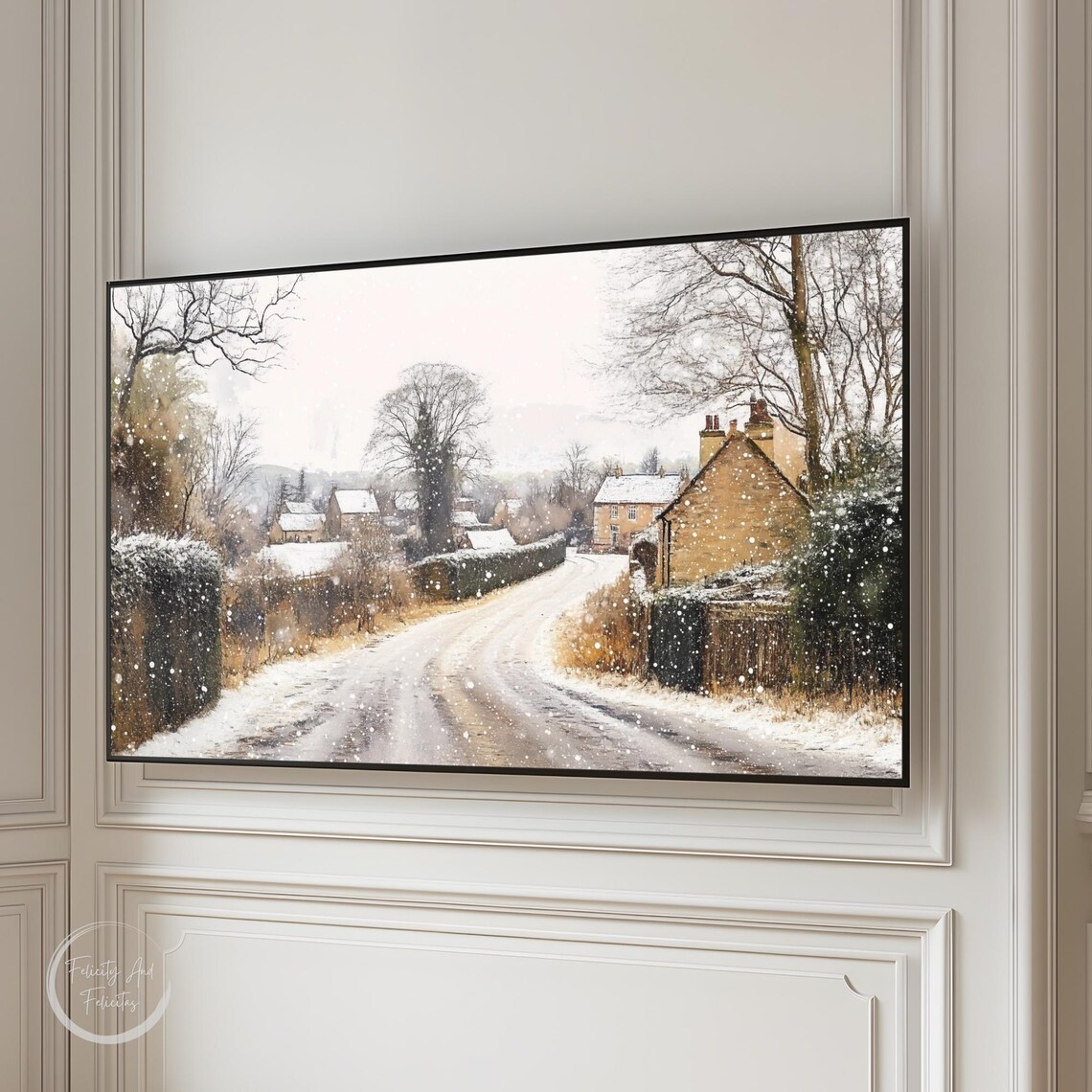Winter Snowy Country Lane Cottages Falling Snow Frame TV Art Poster - Image 3