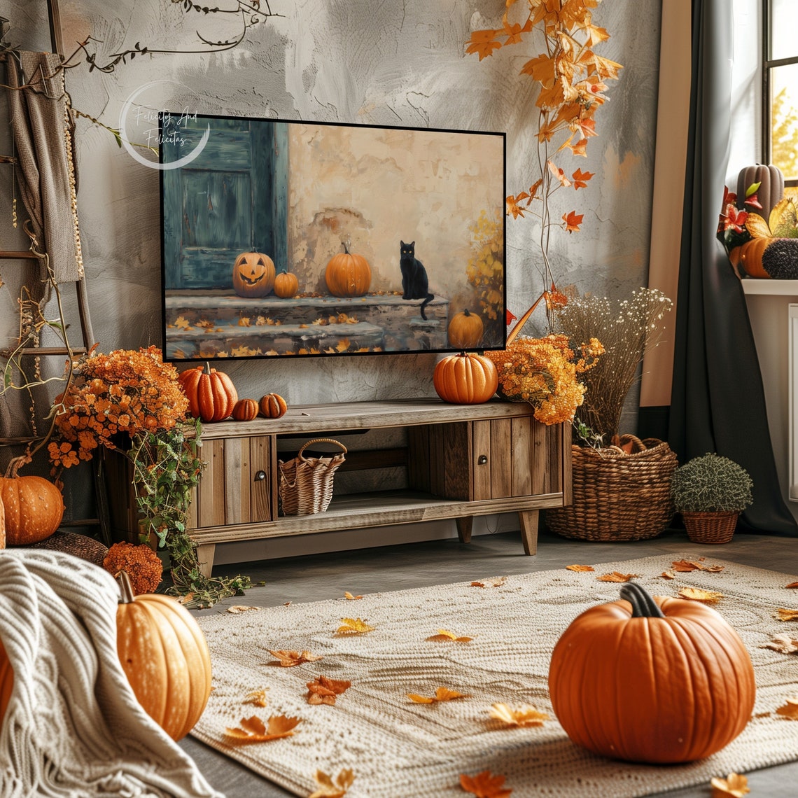 Black Cat Porch Steps Pumpkins Jack O Lantern Fall Halloween Wall Art - Image 5