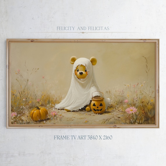 Bear in Ghost Costume with Pumpkin Bucket Halloween Cute Poster