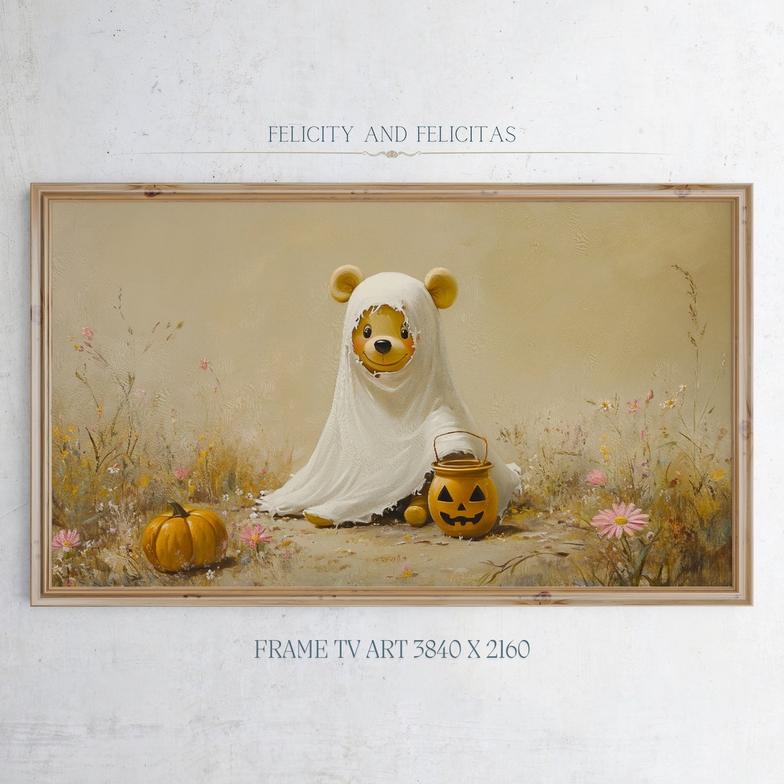 Bear in Ghost Costume with Pumpkin Bucket Halloween Cute Poster