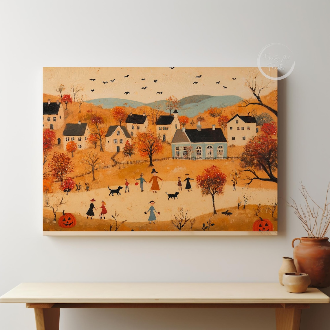 Folk Art Halloween Village with Children Dogs and Bats Fall Poster - Image 5