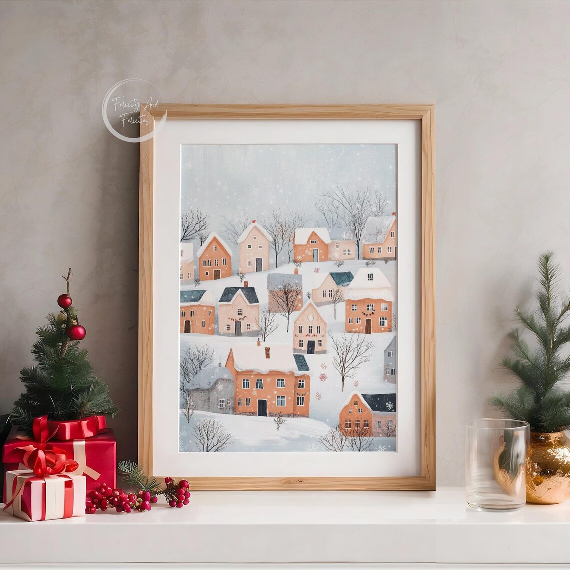 Snowy Hillside Village Peach Houses Pastel Winter Scene Poster - Image 5