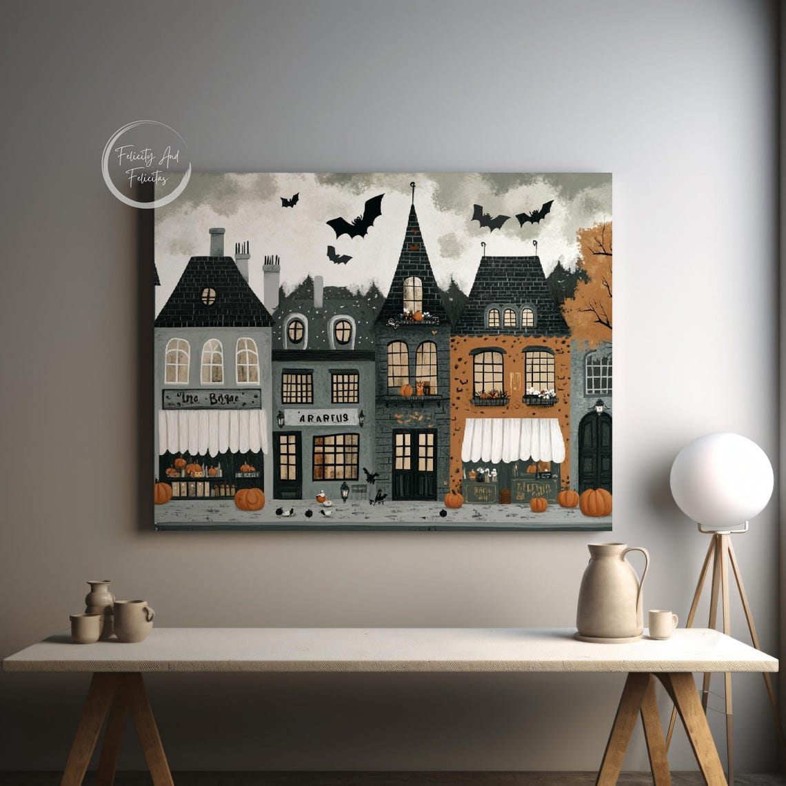 Haunted Halloween Shops Street Bats Pumpkins Whimsical Poster - Image 5
