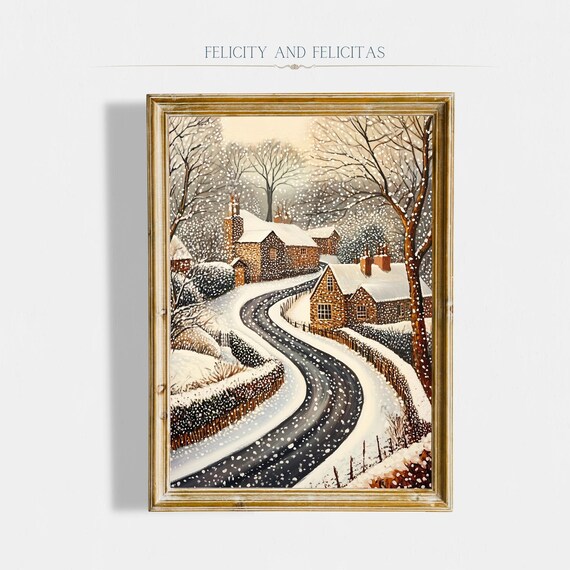 Snowy Winding Road Brick Cottages Falling Snow Winter Scene Poster