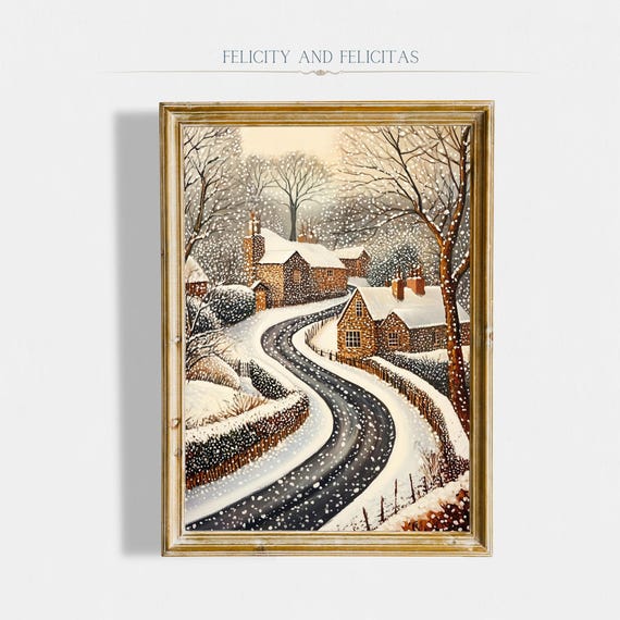 Winter Village Wall Art Winter Landscape Art Cute Winter Prints Seasonal Decor Rustic Winter Decor Pointilism