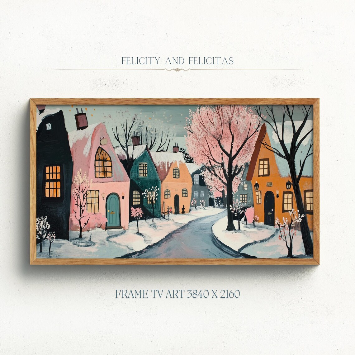 Pastel Valentines Winter Village Pink Trees Snowy Lane Poster