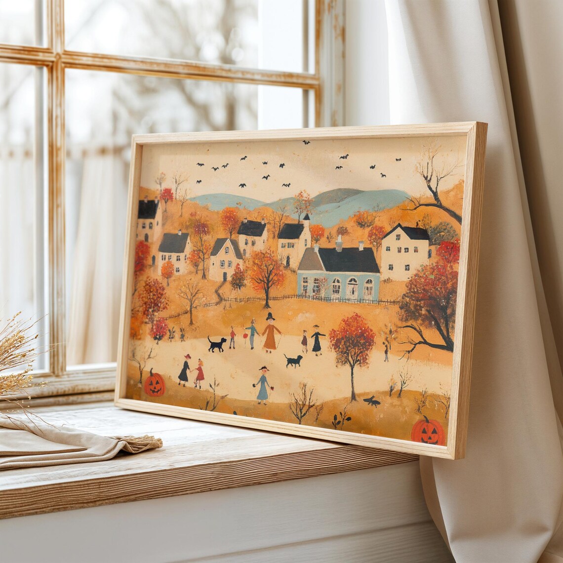 Folk Art Halloween Village with Children Dogs and Bats Fall Poster - Image 6
