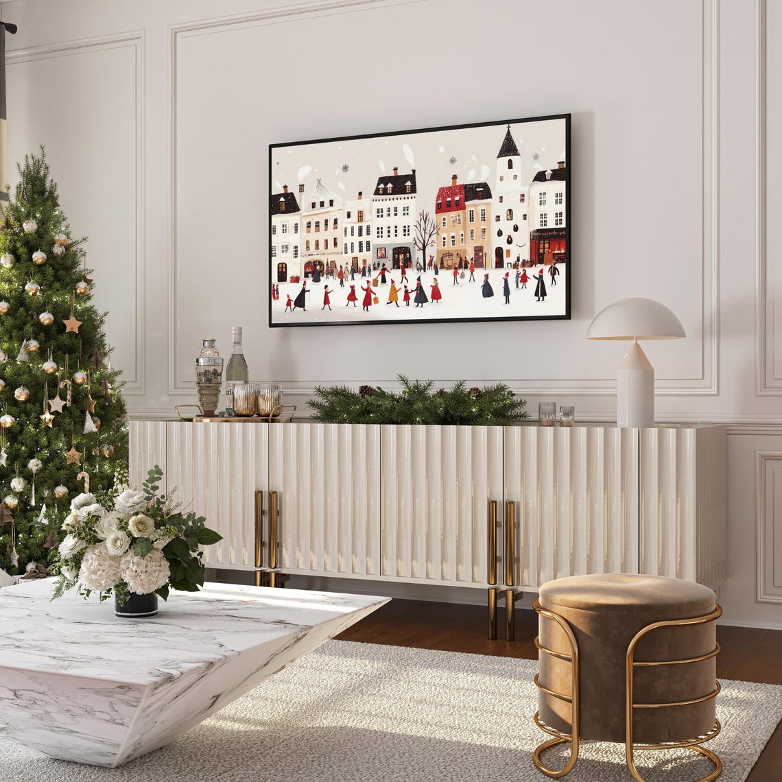 Retro Winter Town Square Red Cloaks Church Snow Charming Wall Art - Image 6