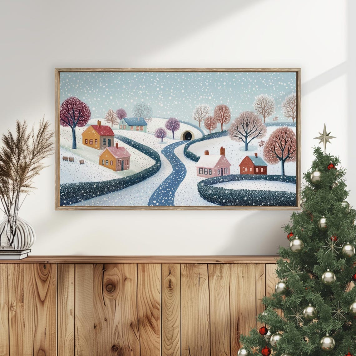 Winter Landscape Frame Tv Art Dot Winter Scene Painting Cute Winter Home Decor Winter Landscape Artwork Pointilism - Image 5