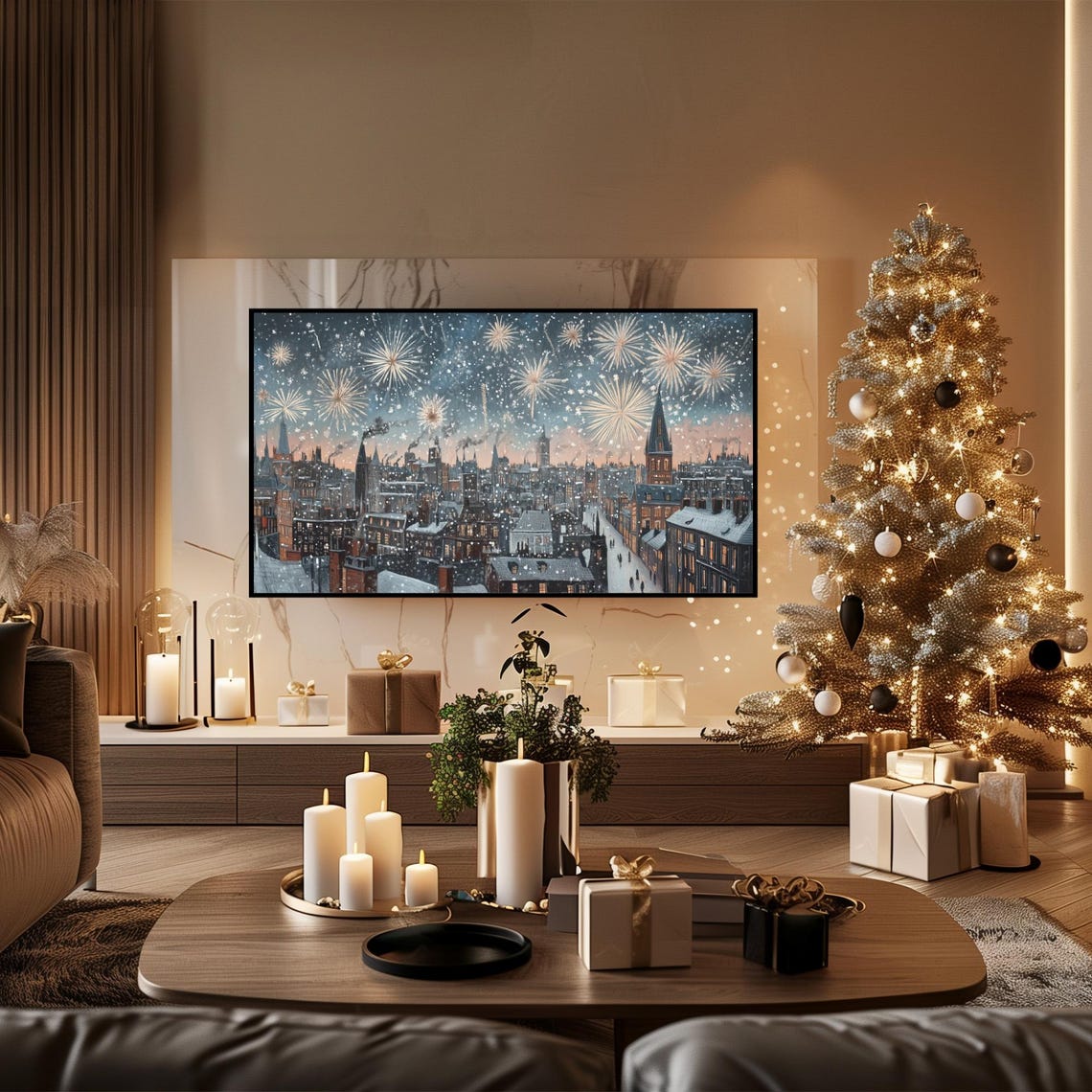 New Years Eve Vintage City Fireworks Snowy Night Rooftops Poster - Image 6