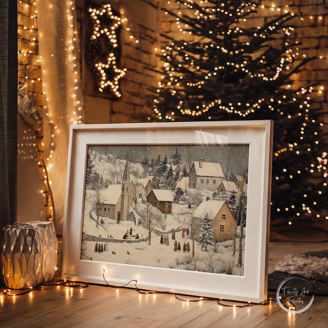 Snowy Village Church With Villagers Winter Gathering Scene Poster - Image 5