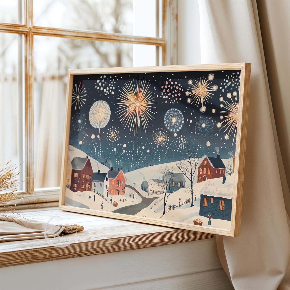Fireworks Over Snowy Village At Night New Years Eve Scene Poster - Image 3