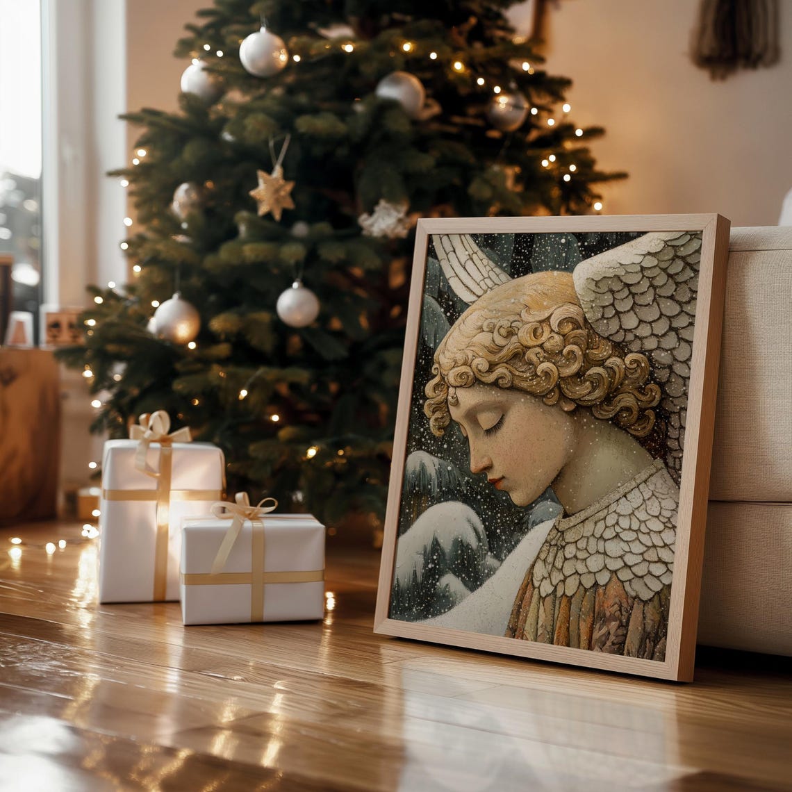 Christmas Angel Golden Curls Falling Snow Vintage Serene Wall Art - Image 4