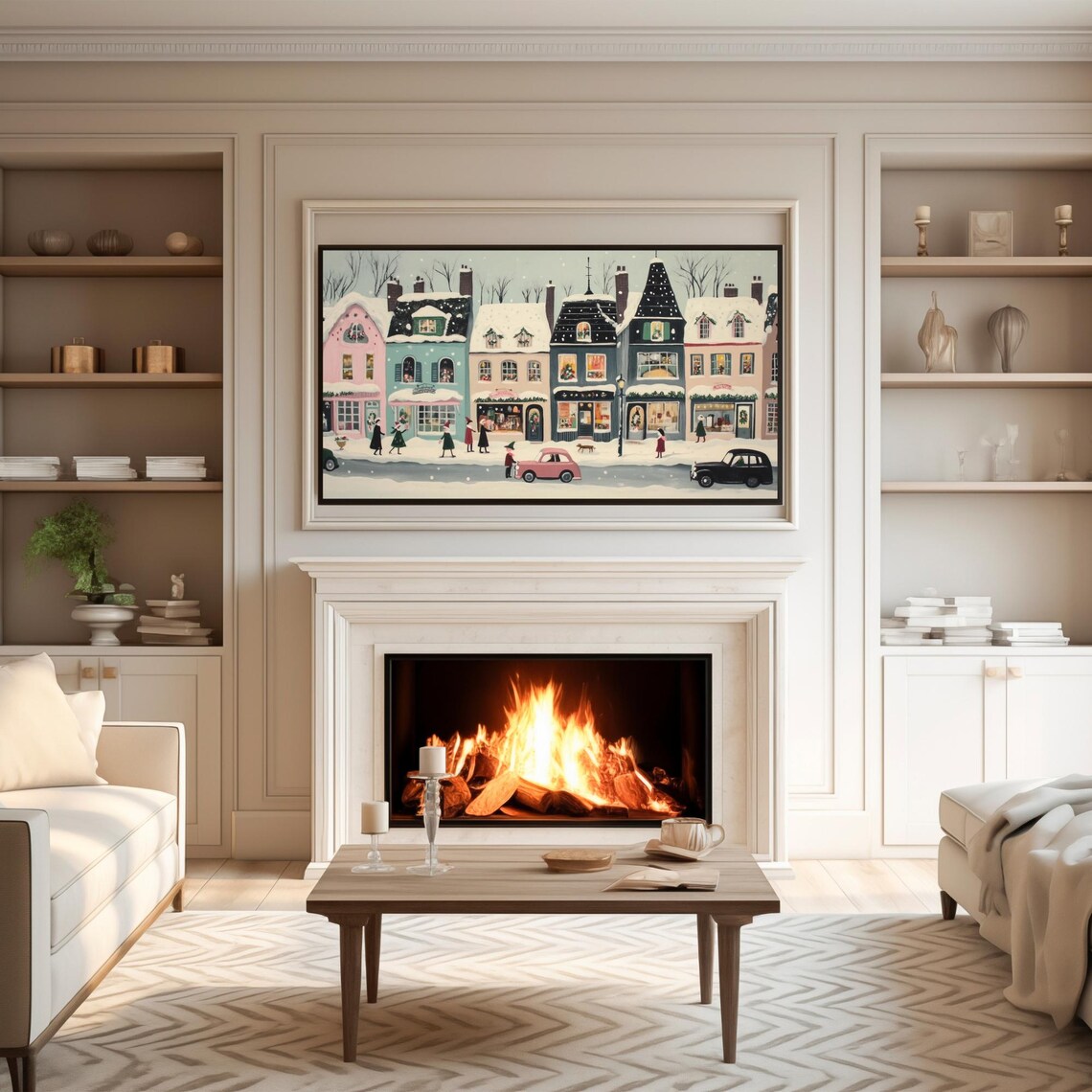 Retro Snowy Christmas Town Shops Vintage Cars Frame TV Art Poster - Image 4