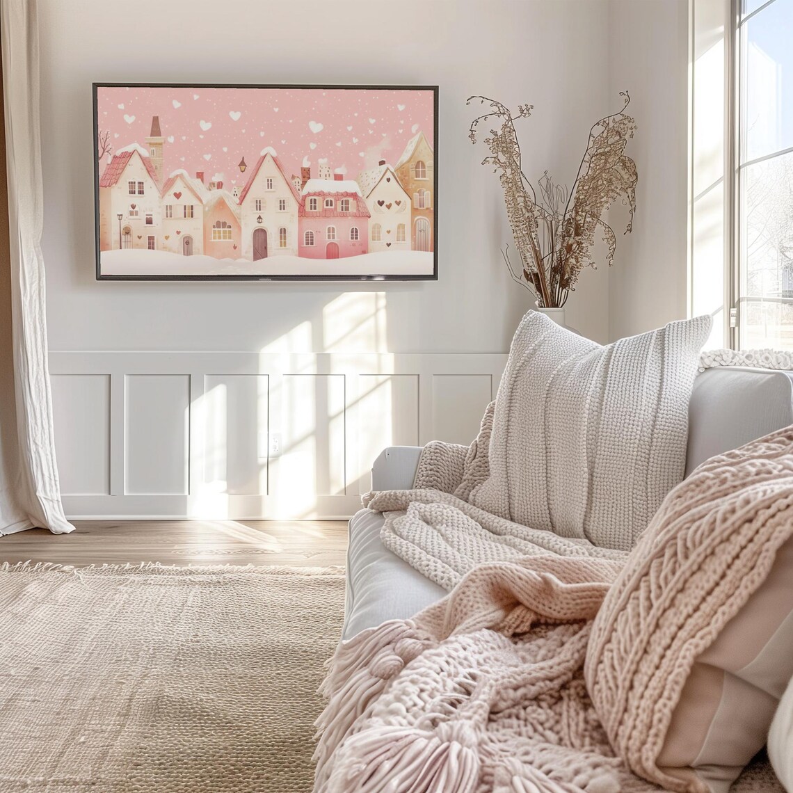 Blush Pink Winter Village with Falling Hearts Frame TV Art Poster - Image 6