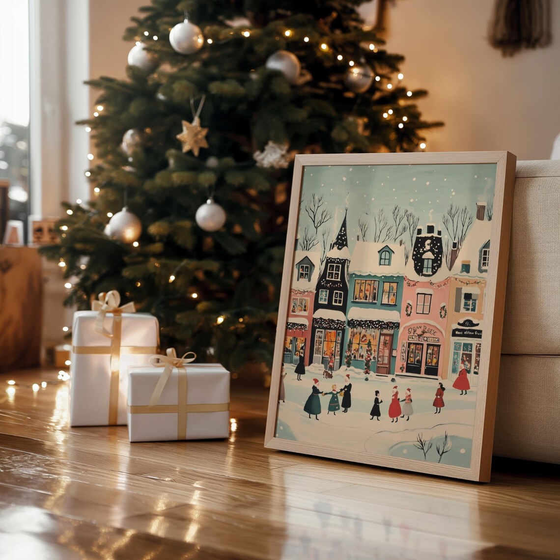 Cute Winter Village Christmas Shops Snowy Shoppers Holiday Poster - Image 6