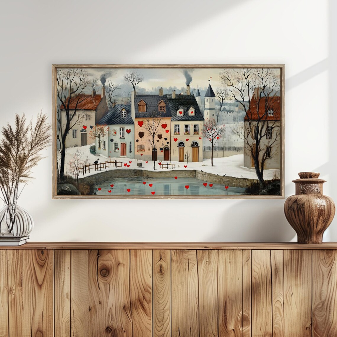 Red Snowy Village Pond with Floating Hearts Frame TV Art Poster - Image 4