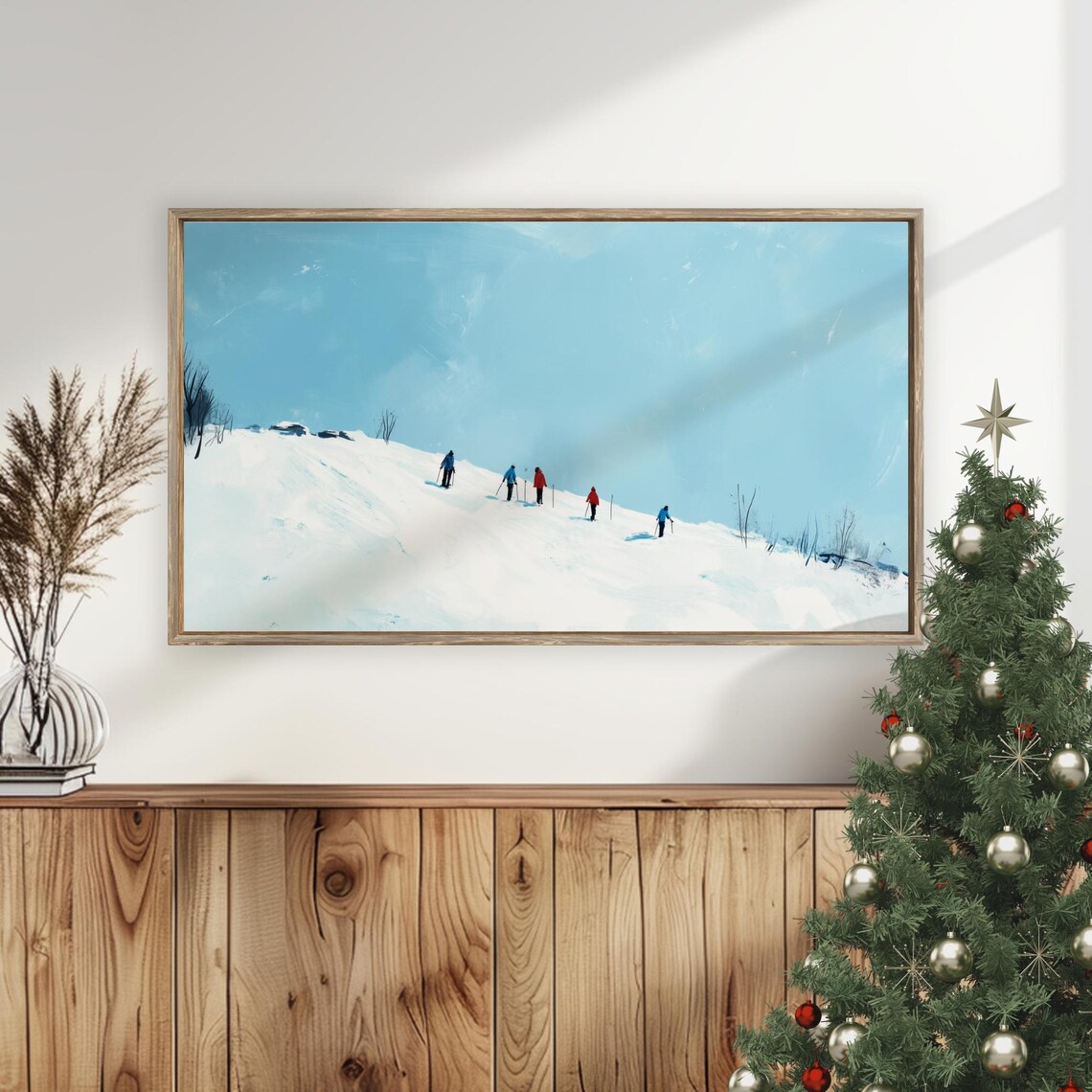 Minimalist Skiers Snowy Hill Blue Winter Frame TV Art Poster - Image 5