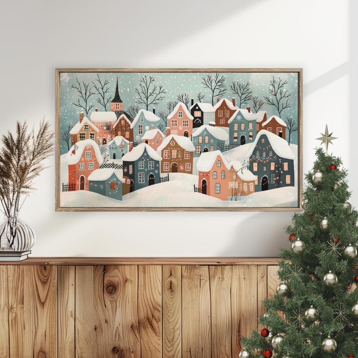 Cute Pastel Winter Village Illustration Snowy Town Scene Poster - Image 5