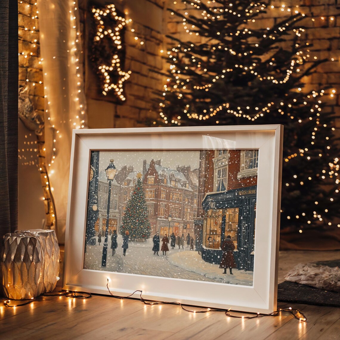 Vintage Winter Street Christmas Tree Square Shoppers Snow Poster - Image 4