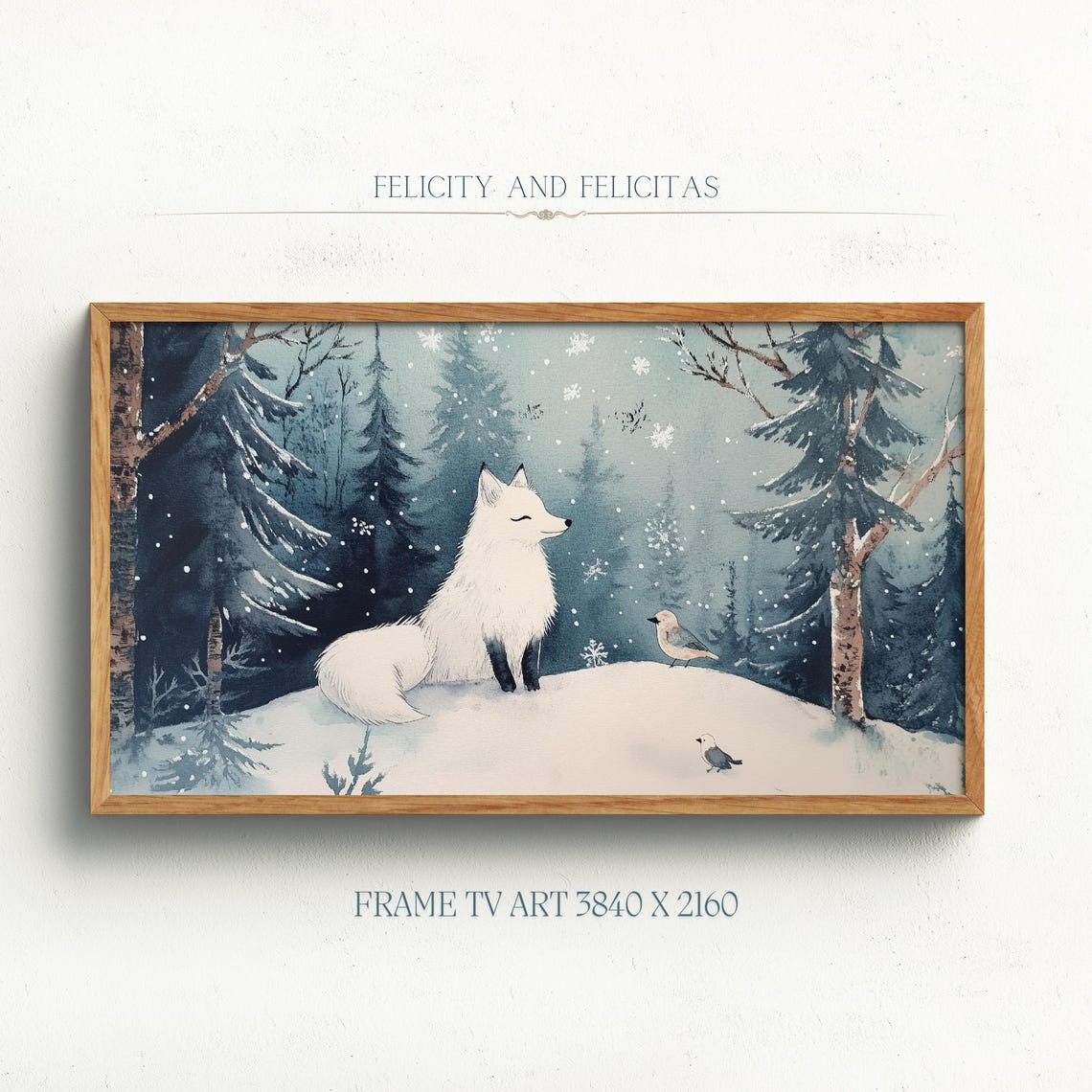 White Arctic Fox Snowy Forest Birds Winter Watercolor Wall Art