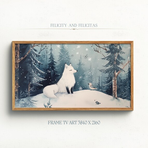 White Arctic Fox Snowy Forest Birds Winter Watercolor Wall Art