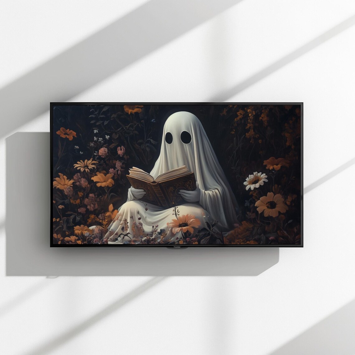 Ghost Reading Book Among Dark Autumn Flowers Moody Halloween Frame TV Art Poster - Image 4
