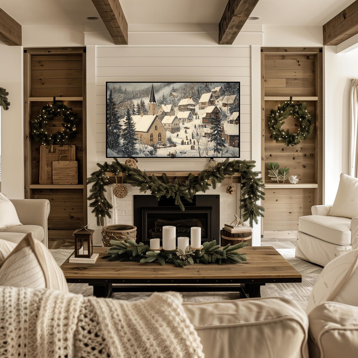 Vintage Snowy Village Church Stone Cottages Winter Art Poster - Image 6