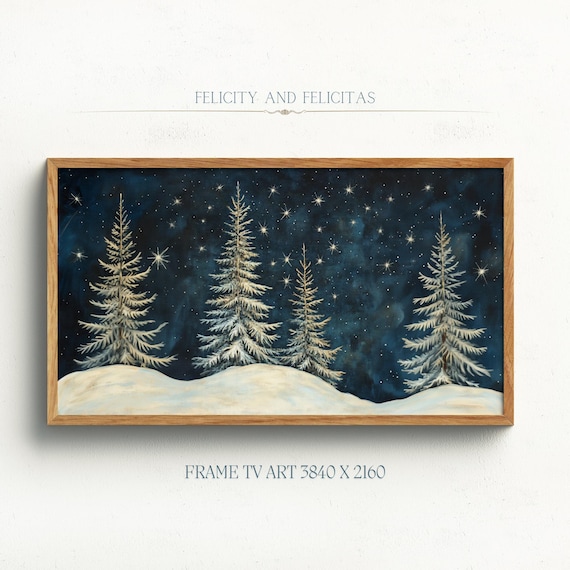 Snowy Pine Trees Starry Night Sky Winter Forest Serene Wall Art
