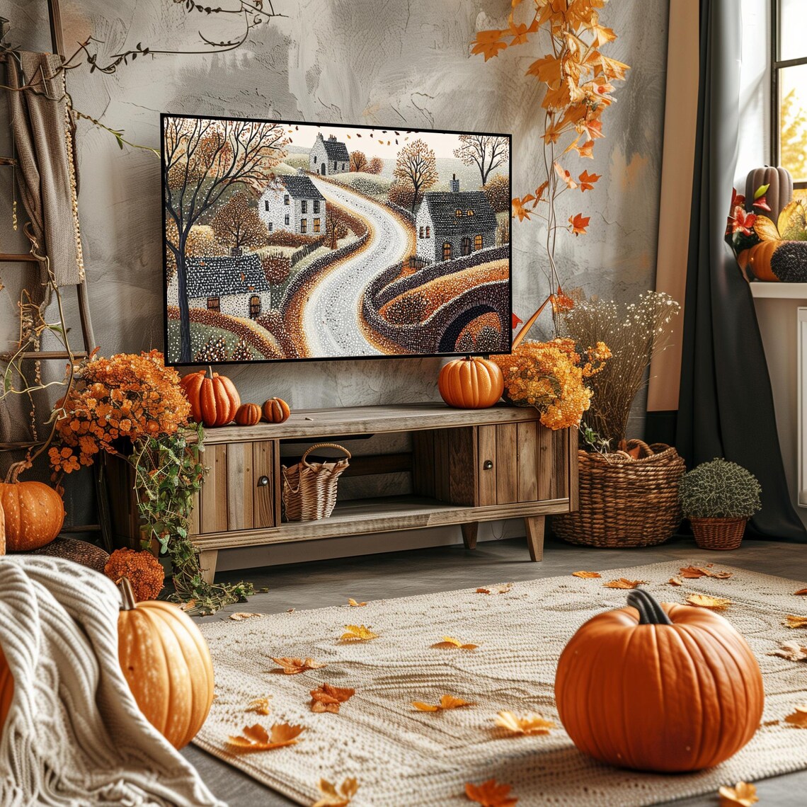 Autumn Village Road with Stone Bridge Cottages Folk Art Poster - Image 4