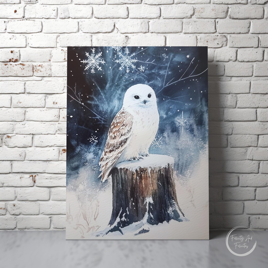Snowy Owl Winter Night Watercolor Snowflakes Enchanting Wall Art - Image 6