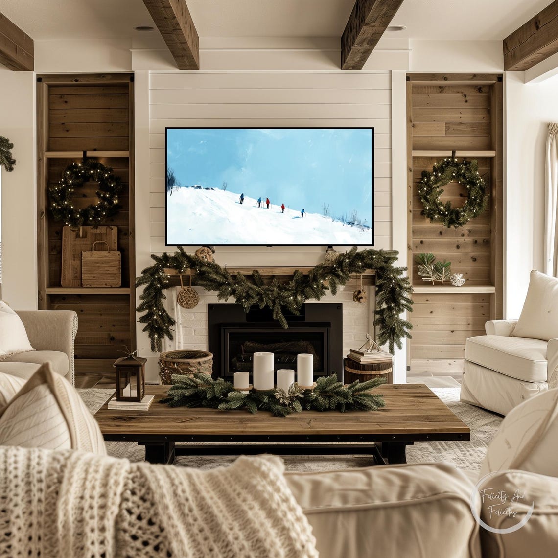 Minimalist Skiers Snowy Hill Blue Winter Frame TV Art Poster - Image 3