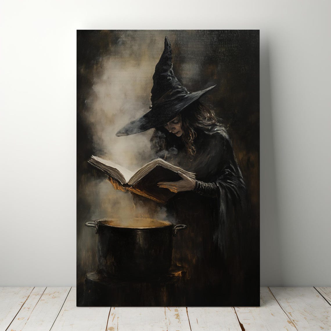 Dark Vintage Witch Reading Spellbook Cauldron Halloween Wall Art - Image 5