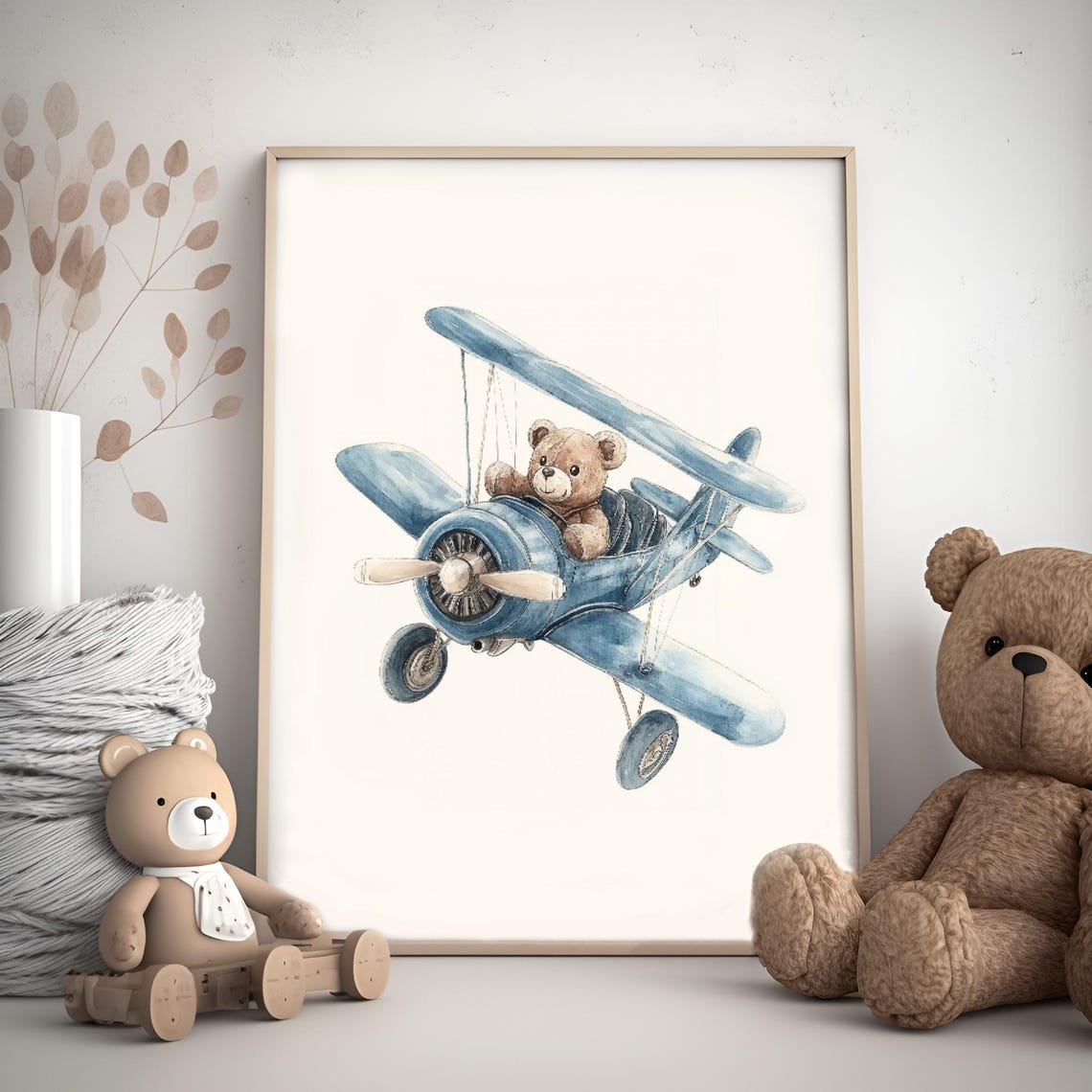 Teddy Bear Piloting Blue Biplane Watercolor Nursery Wall Art