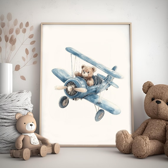 Teddy Bear Piloting Blue Biplane Watercolor Nursery Wall Art