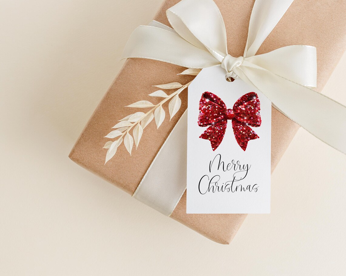 Red Glitter Bow Merry Christmas Holiday Gift Tag Design Print - Image 2