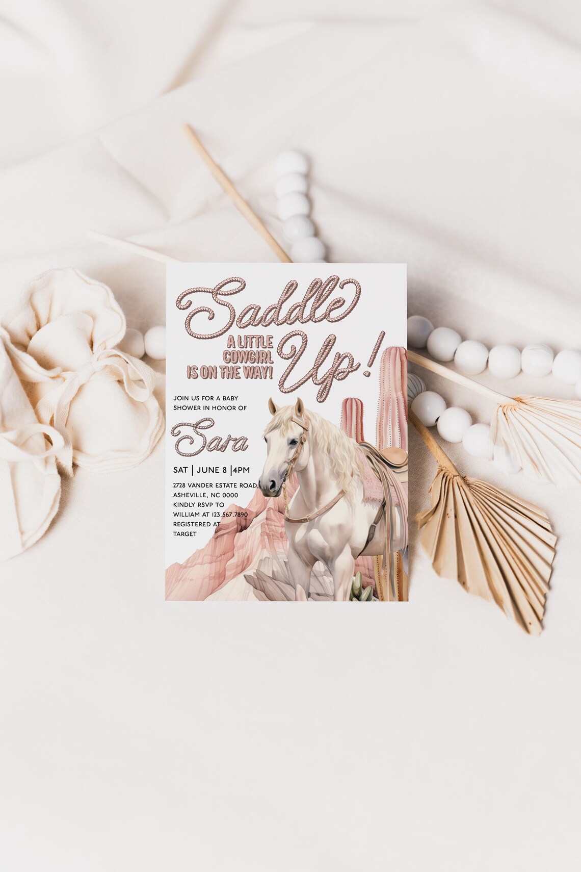 Saddle Up Cowgirl Baby Shower Invitation Horse Western Print - Image 3