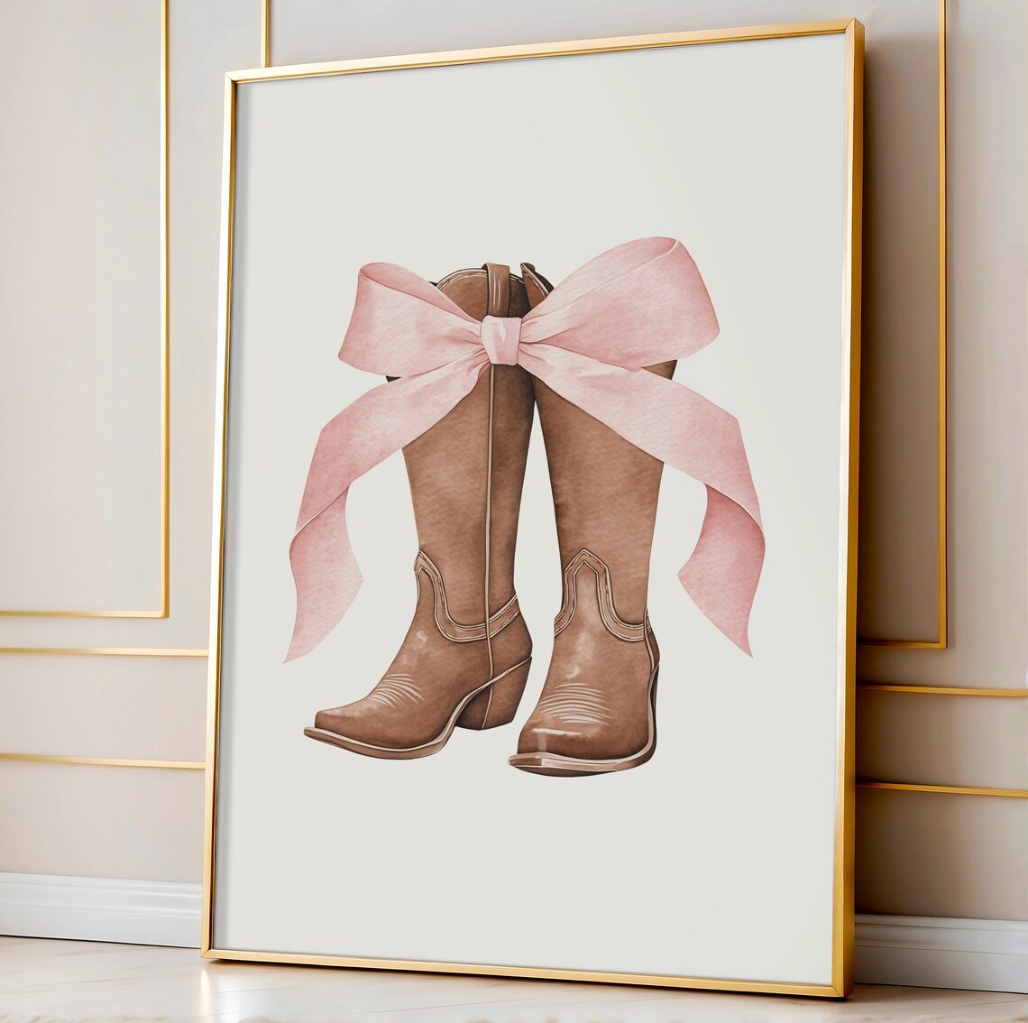 Cowgirl Boots Pink Bow Watercolor Western Chic Nursery Wall Art - Image 2