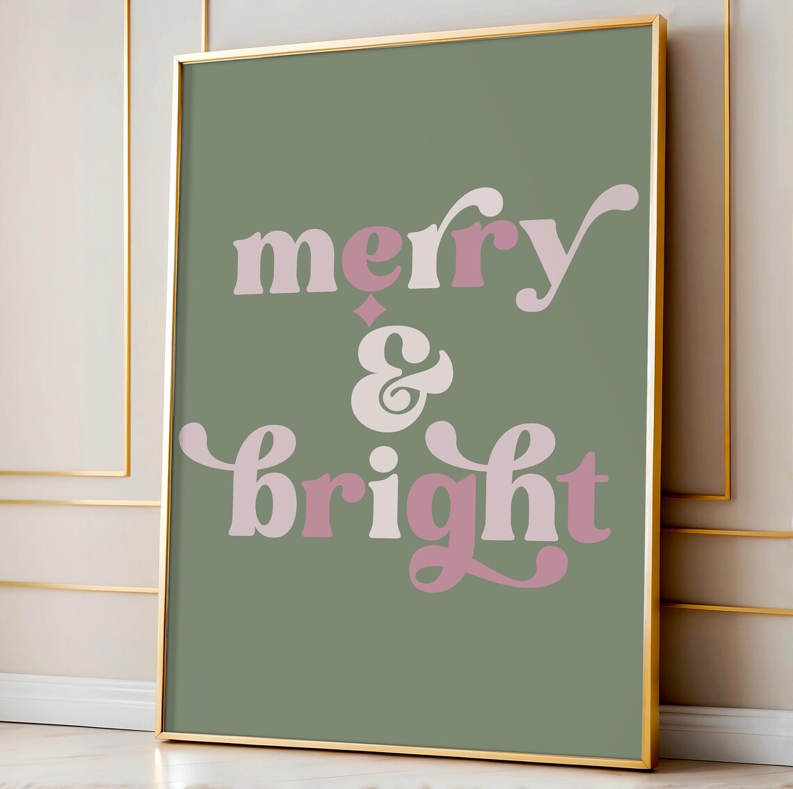 Merry And Bright Retro Script Sage Green Blush Christmas Quote Poster - Image 2