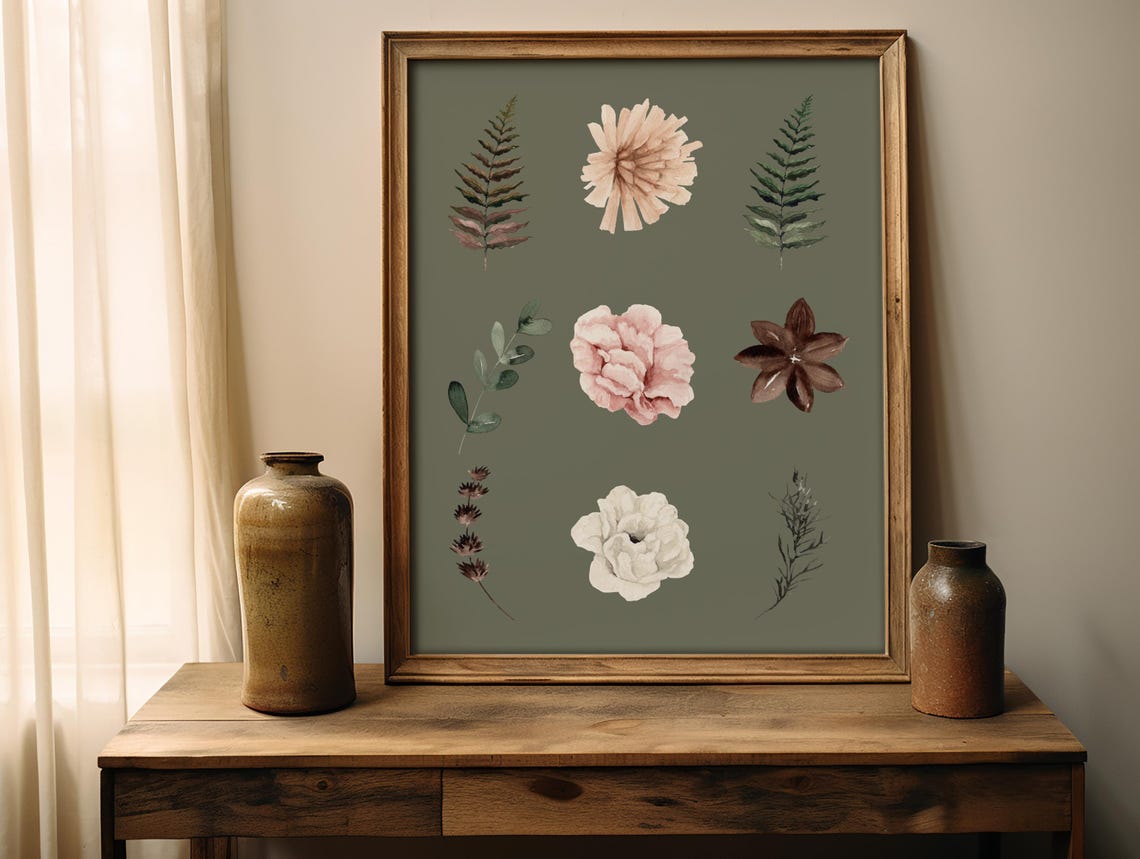 Sage Green Watercolor Botanical Fern and Flower Grid Art Poster