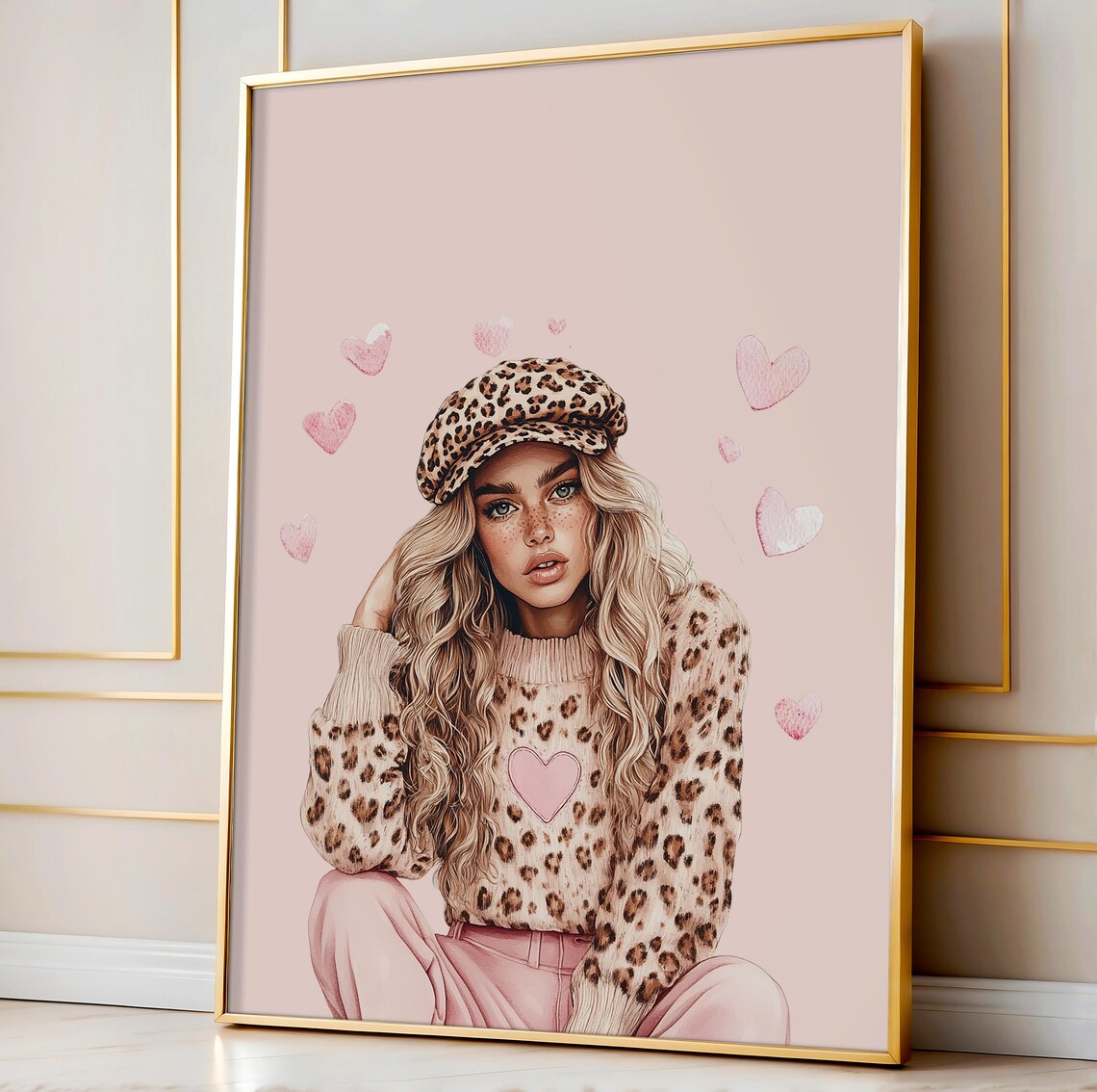 Leopard Girl Pink Heart Sweater Valentine Fashion Art Poster