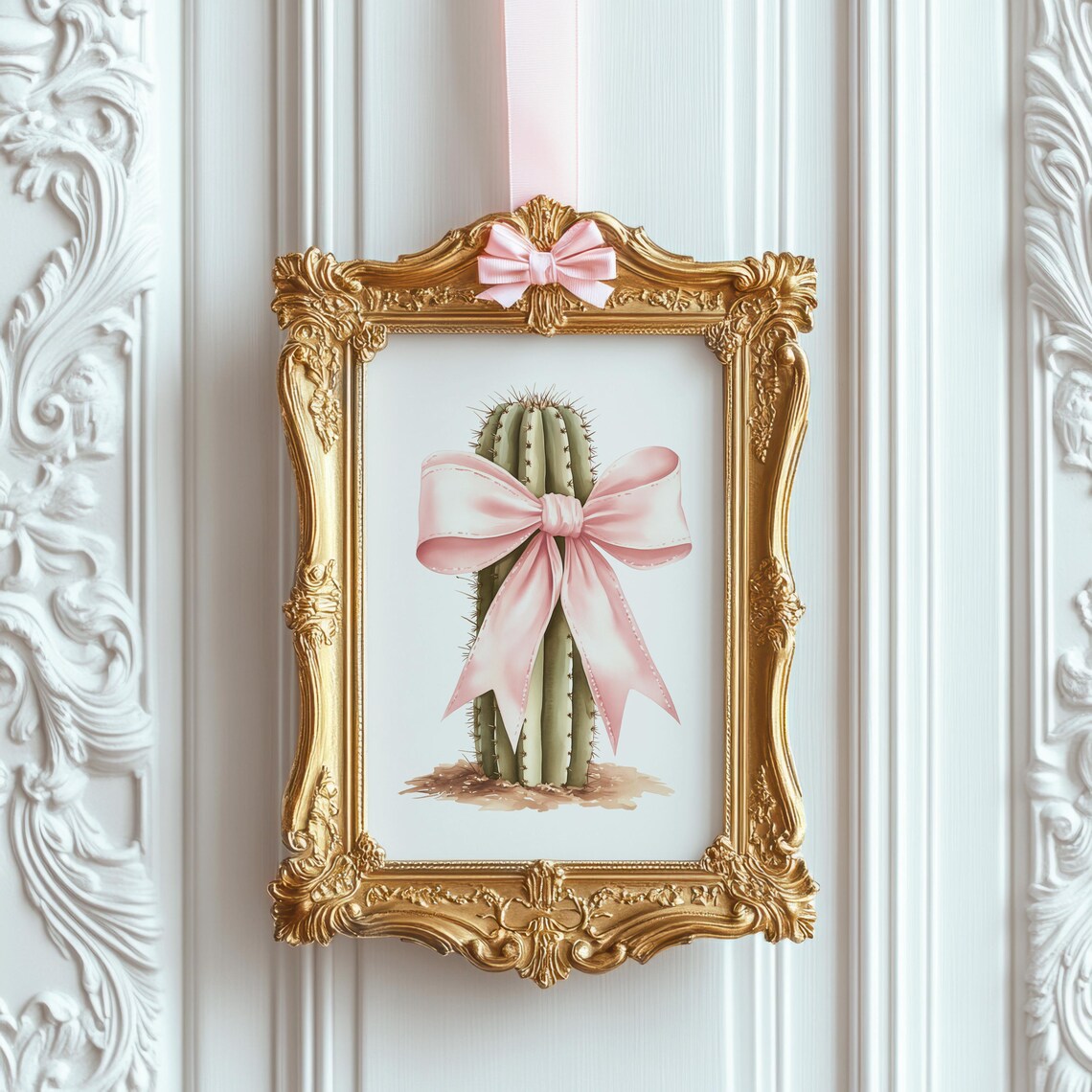 Coquette Green Cactus Pink Satin Bow Watercolor Botanical Poster - Image 3