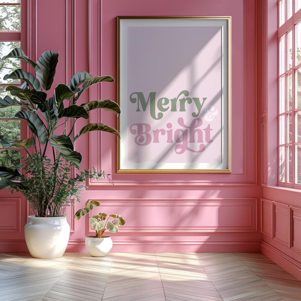 Merry And Bright Sage Pink Retro Script Christmas Quote Poster Art - Image 2