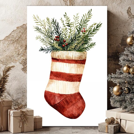 Watercolor Christmas Stocking With Greenery Red Stripes Holiday Wall Art