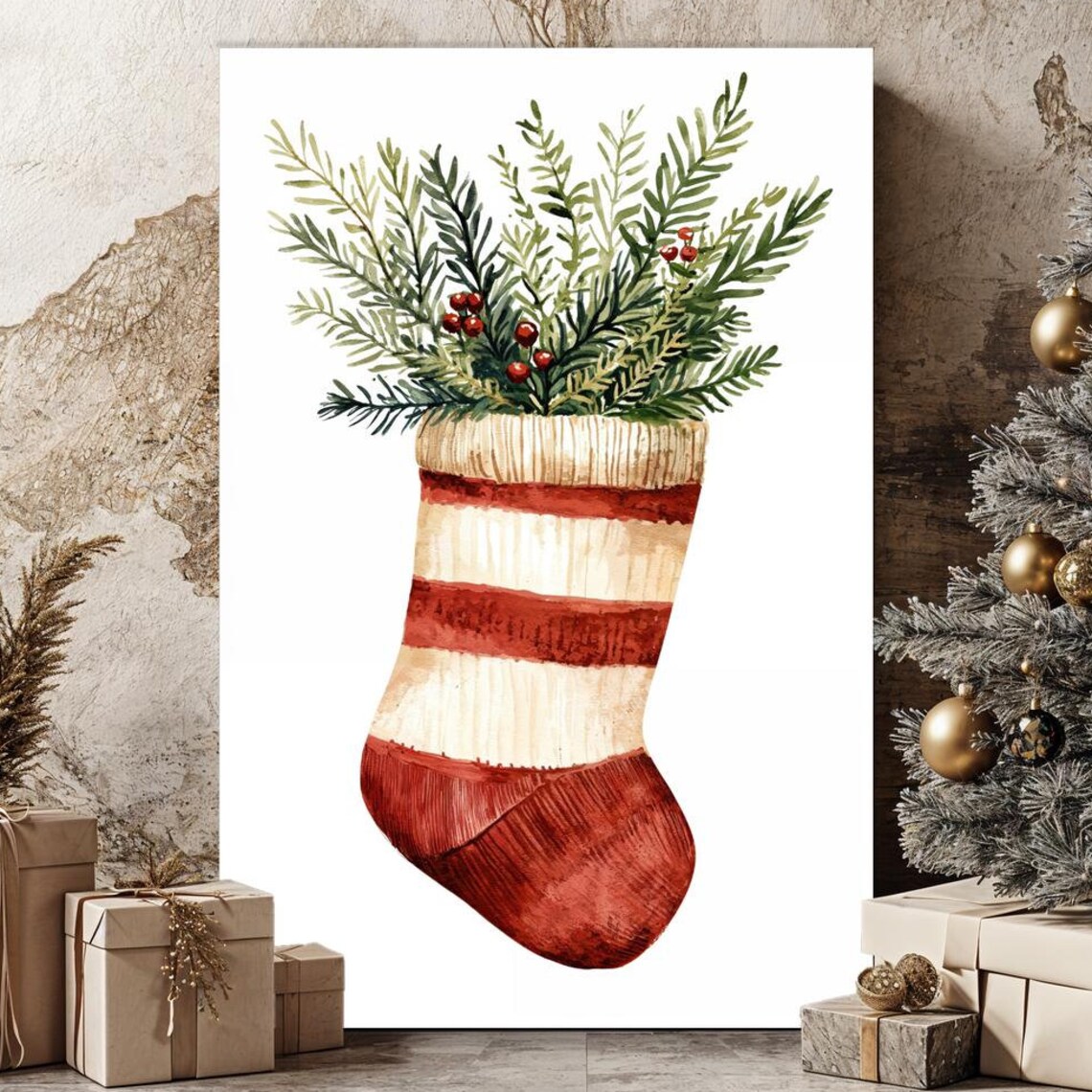 Watercolor Christmas Stocking With Greenery Red Stripes Holiday Wall Art