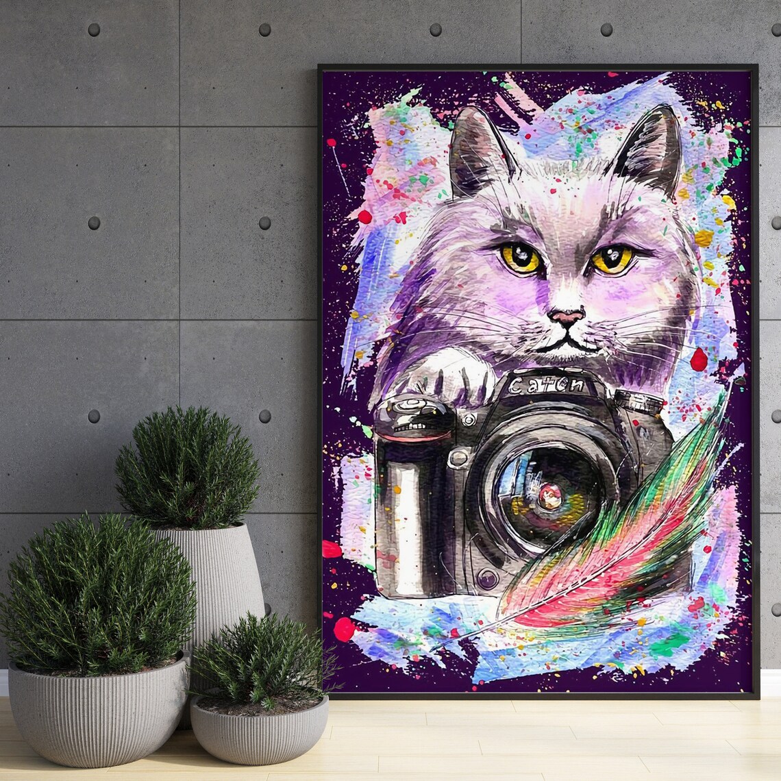 Watercolor Cat Photographer Holding Camera Photography Lover Poster - Image 3