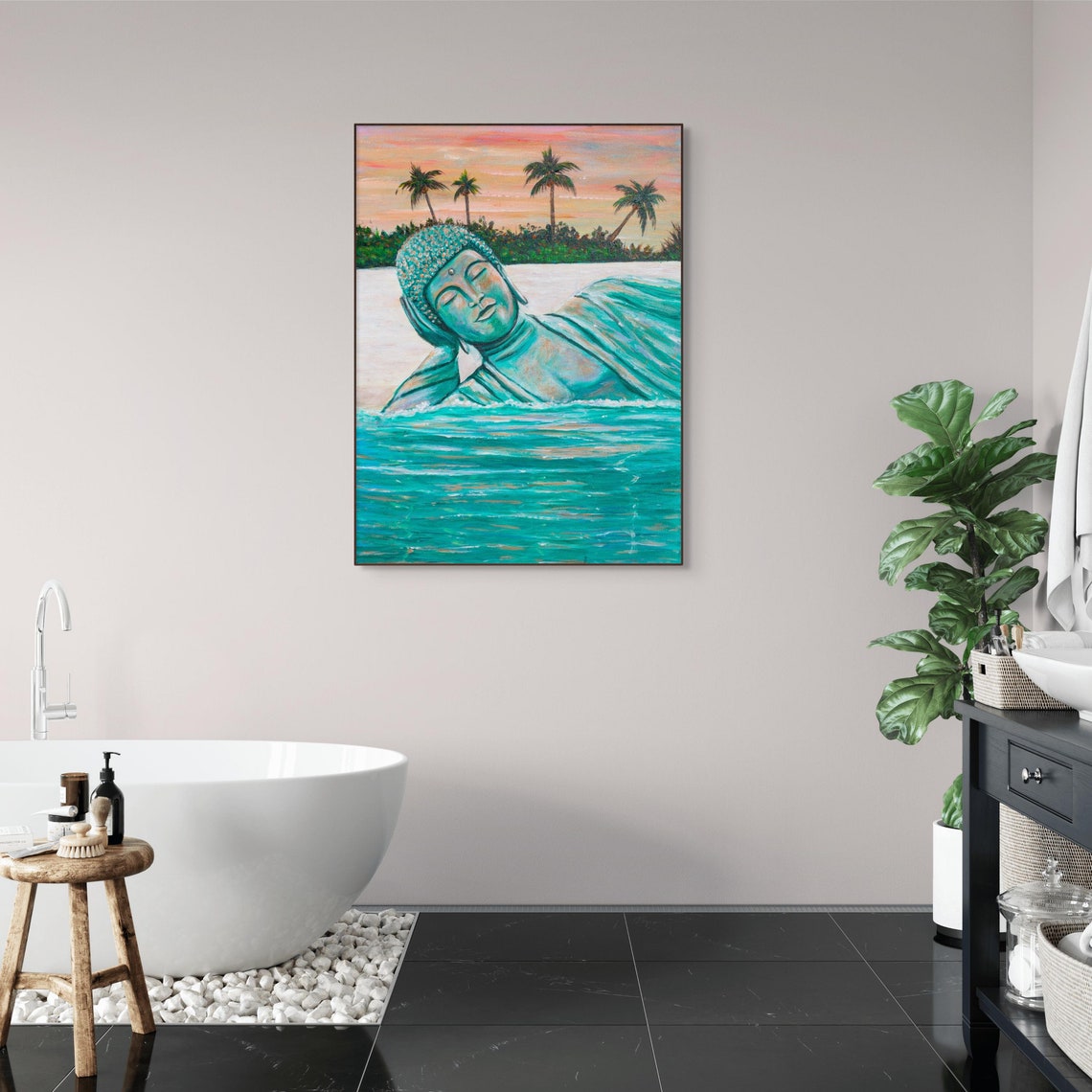 Reclining Buddha Statue Ocean Sunset Palm Beach Zen Meditation Poster - Image 3