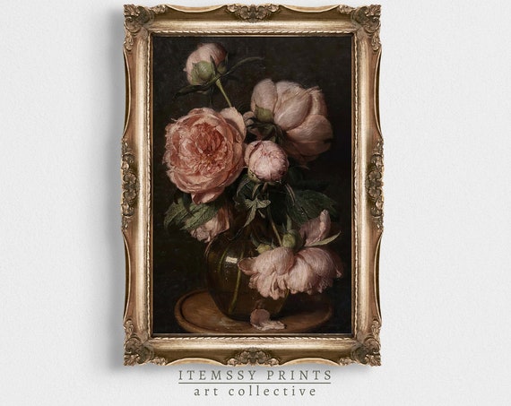 Moody Vintage Flower Print Still Life Oil Painting Dark Floral Antique Print Art Victorian Floral Art Print