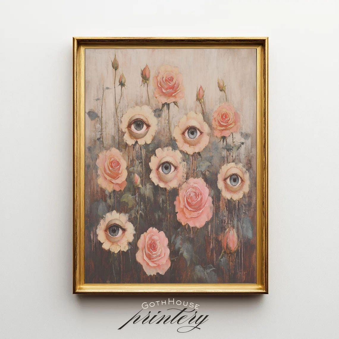 Surreal Rose Eyeball Print Gothic Floral Wall Art Flower Painting Macabre Botanical Decor Cottage Goth Weird